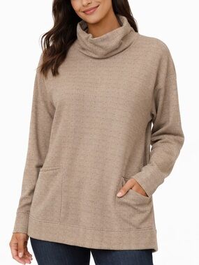 Columbia Lodge Funnel Pullover XL Beige Cozy Fleece Casual Chic Sweatshirt